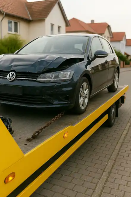 Ein defektes Auto wird abgeschleppt, um es für den Autoankauf in Alsdorf vorzubereiten.